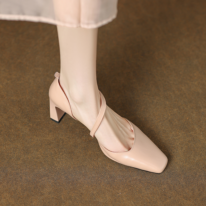 Women's One-Strap Open-Toe Chunky High Heels Sandals - Elegant Hollow Design for Summer 2025, Non-Luxury Genuine Leather