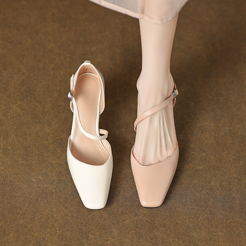 Women's One-Strap Open-Toe Chunky High Heels Sandals - Elegant Hollow Design for Summer 2025, Non-Luxury Genuine Leather Women's One-Strap Open-Toe Chunky High Heels Sandals - Elegant Hollow Design for Summer 2025, Non-Luxury Genuine Leather