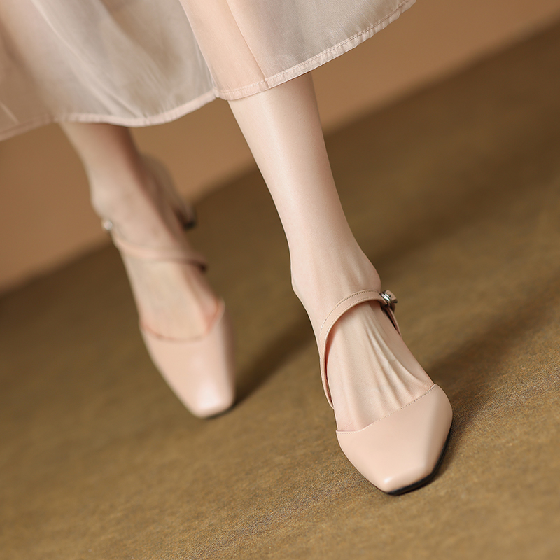 Women's One-Strap Open-Toe Chunky High Heels Sandals - Elegant Hollow Design for Summer 2025, Non-Luxury Genuine Leather Women's One-Strap Open-Toe Chunky High Heels Sandals - Elegant Hollow Design for Summer 2025, Non-Luxury Genuine Leather