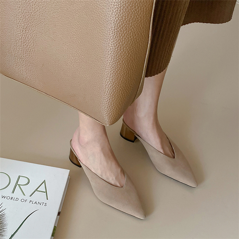 Women's Open-Toe Mid-Heel Half Slippers in French Lambskin - Comfortable Pointed Toe Design for Chic Italian Style