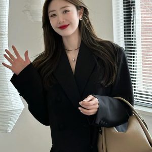 Women's Oversized Black Double-Breasted Suit Jacket - Trendy 2025 Spring Style, Loose Silhouette, High-End Fashion