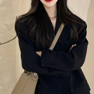 Women's Oversized Black Double-Breasted Suit Jacket - Trendy 2025 Spring Style, Loose Silhouette, High-End Fashion