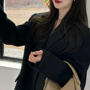 Women's Oversized Black Double-Breasted Suit Jacket - Trendy 2025 Spring Style, Loose Silhouette, High-End Fashion