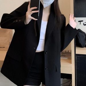 Women's Oversized Black Suit Jacket - Casual High-End Blazer for Petite Sizes, Spring Autumn 2025 Fashion