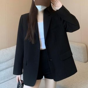 Women's Oversized Black Suit Jacket - Casual High-End Blazer for Petite Sizes, Spring Autumn 2025 Fashion