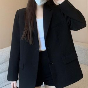 Women's Oversized Black Suit Jacket - Casual High-End Blazer for Petite Sizes, Spring Autumn 2025 Fashion