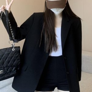 Women's Oversized Black Suit Jacket - Casual High-End Blazer for Petite Sizes, Spring Autumn 2025 Fashion