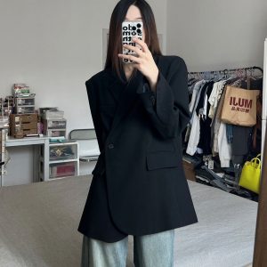 Women's Oversized Black Suit Jacket, Casual Loose Fit Blazer, High-End Feel, Plus Size, Spring Autumn 2025 Fashion