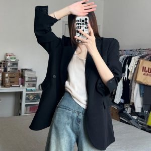 Women's Oversized Black Suit Jacket, Casual Loose Fit Blazer, High-End Feel, Plus Size, Spring Autumn 2025 Fashion