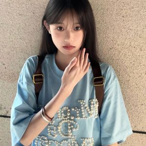 Women's Oversized Blue Heavyweight T-Shirt - American College Style with Pearl Letter Detail, Short Sleeve, Round Neck