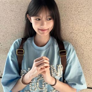 Women's Oversized Blue Heavyweight T-Shirt - American College Style with Pearl Letter Detail, Short Sleeve, Round Neck