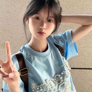 Women's Oversized Blue Heavyweight T-Shirt - American College Style with Pearl Letter Detail, Short Sleeve, Round Neck