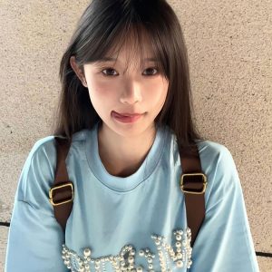 Women's Oversized Blue Heavyweight T-Shirt - American College Style with Pearl Letter Detail, Short Sleeve, Round Neck