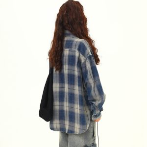 Women's Oversized Plaid Shirt - Retro American Street Style, Loose Fit Checkered Top for Autumn Fashion