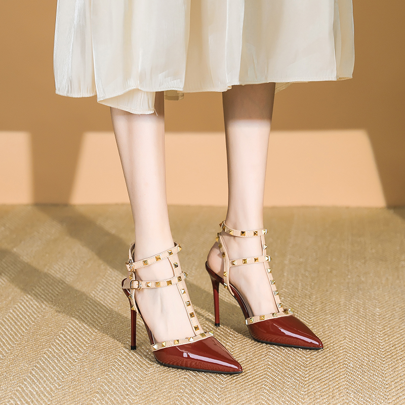 Women's Patent Leather One-Strap High Heels Sandals, Studded Summer Fashion, Thin Heels, Trendy 2025 Style