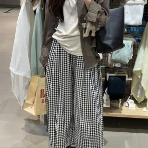 Women's Petite Plus Size Loose Checkered Cropped Wide-Leg Balloon Pants for Summer