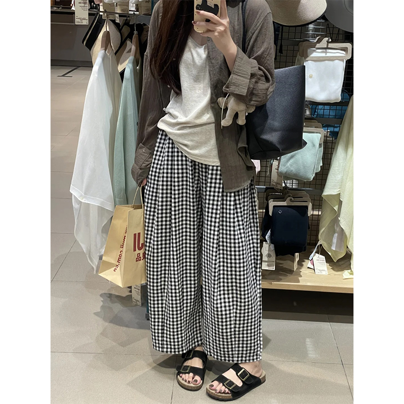 Women's Petite Plus Size Loose Checkered Cropped Wide-Leg Balloon Pants for Summer