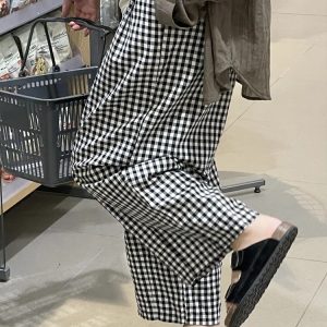 Women's Petite Plus Size Loose Checkered Cropped Wide-Leg Balloon Pants for Summer