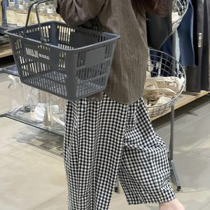 Women's Petite Plus Size Loose Checkered Cropped Wide-Leg Balloon Pants for Summer
