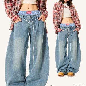 Women's Plaid Spliced Wide-Leg Trousers - Faux Two-Piece Double-Waist Curved Knife Denim Pants