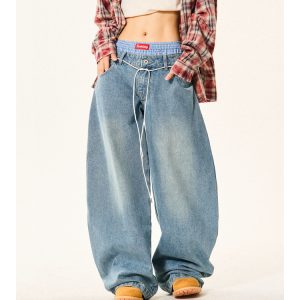 Women's Plaid Spliced Wide-Leg Trousers - Faux Two-Piece Double-Waist Curved Knife Denim Pants