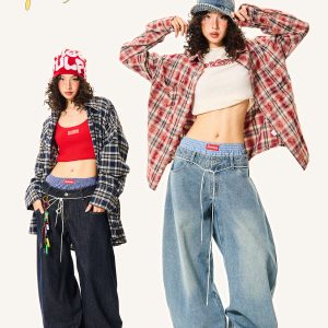 Women's Plaid Spliced Wide-Leg Trousers - Faux Two-Piece Double-Waist Curved Knife Denim Pants