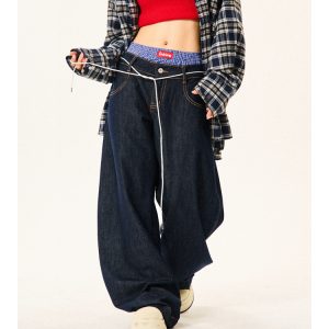 Women's Plaid Spliced Wide-Leg Trousers - Faux Two-Piece Double-Waist Curved Knife Denim Pants