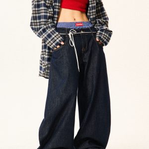 Women's Plaid Spliced Wide-Leg Trousers - Faux Two-Piece Double-Waist Curved Knife Denim Pants