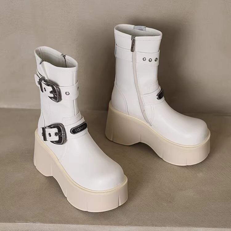 Women's Platform Thick-Soled Martin Boots with Metal Buckle - Fashionable Short Boots for Height Increase, Perfect for Petite Style Women's Platform Thick-Soled Martin Boots with Metal Buckle - Fashionable Short Boots for Height Increase, Perfect for Petite Style