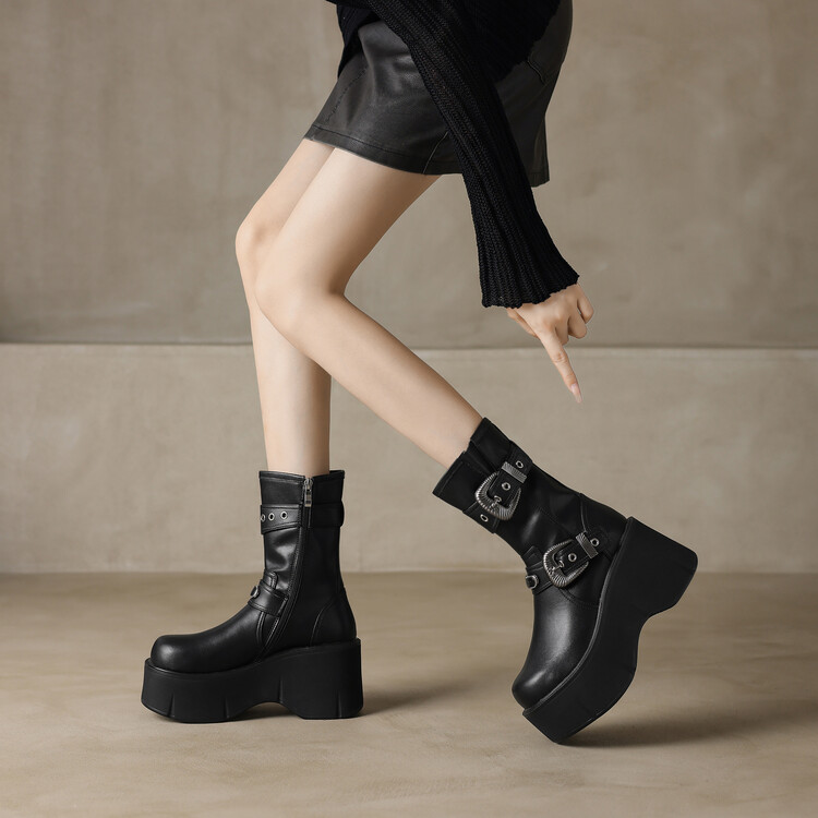 Women's Platform Thick-Soled Martin Boots with Metal Buckle - Fashionable Short Boots for Height Increase, Perfect for Petite Style Women's Platform Thick-Soled Martin Boots with Metal Buckle - Fashionable Short Boots for Height Increase, Perfect for Petite Style