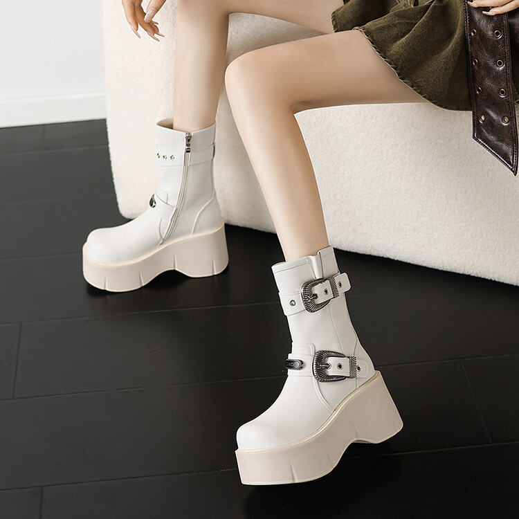 Women's Platform Thick-Soled Martin Boots with Metal Buckle - Fashionable Short Boots for Height Increase, Perfect for Petite Style