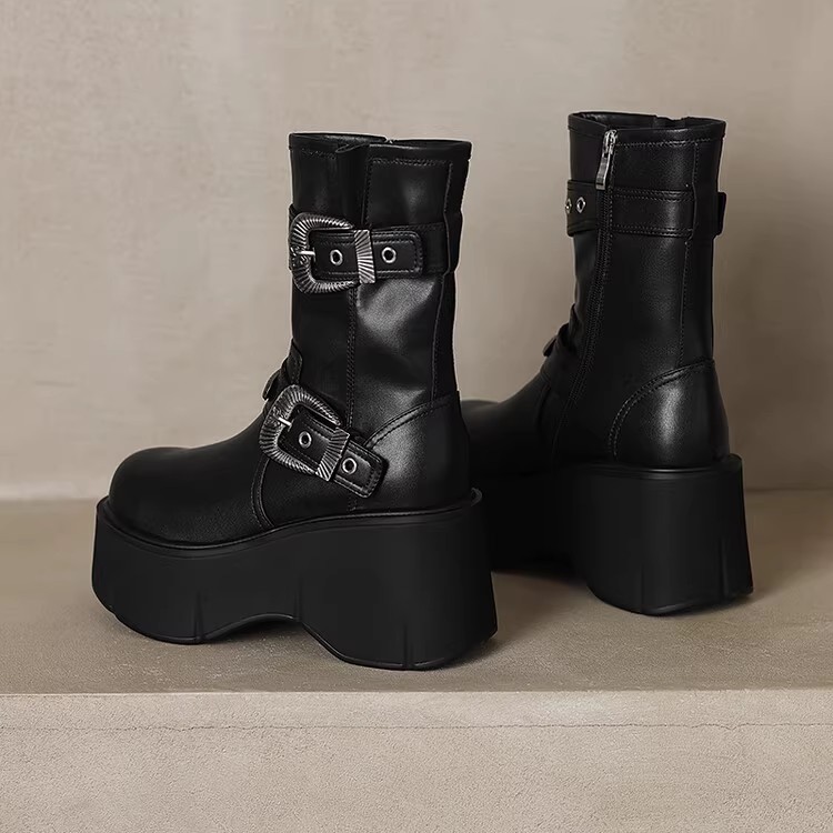 Women's Platform Thick-Soled Martin Boots with Metal Buckle - Fashionable Short Boots for Height Increase, Perfect for Petite Style