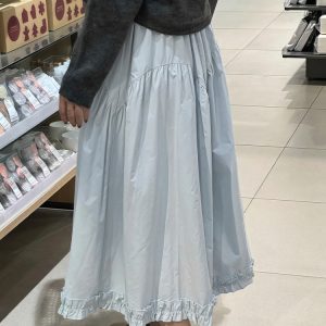 Women's Plus Size Light Blue Lace A-Line Midi Skirt, Slimming Design for Pear-Shaped Body, Trendy 2025 Style