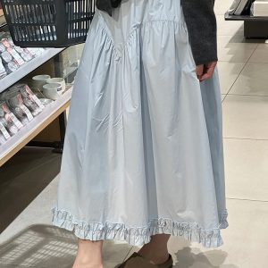 Women's Plus Size Light Blue Lace A-Line Midi Skirt, Slimming Design for Pear-Shaped Body, Trendy 2025 Style