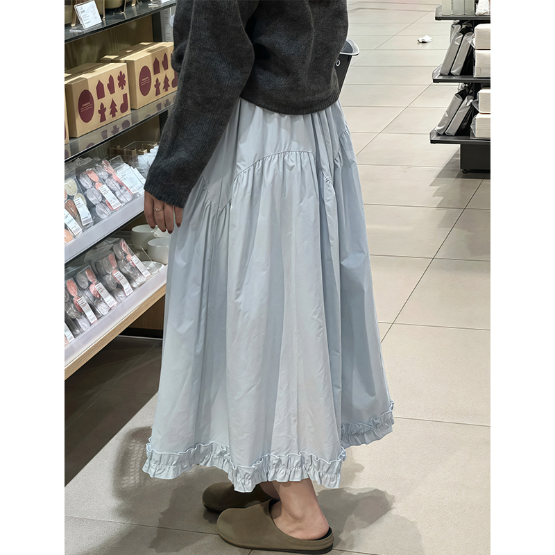 Women's Plus Size Light Blue Lace A-Line Midi Skirt, Slimming Design for Pear-Shaped Body, Trendy 2025 Style