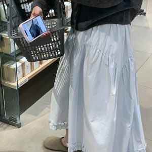 Women's Plus Size Light Blue Lace A-Line Midi Skirt, Slimming Design for Pear-Shaped Body, Trendy 2025 Style