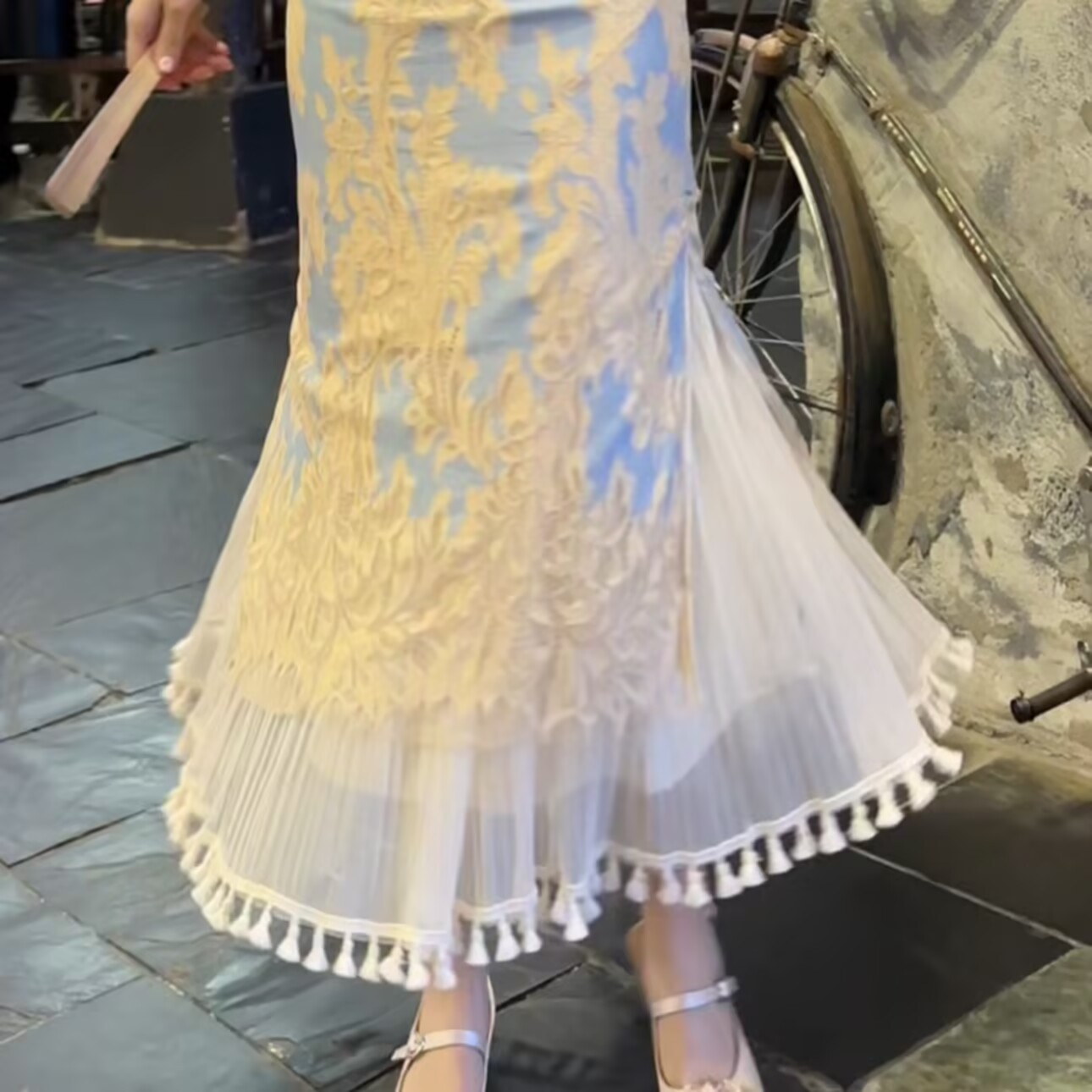 Women's Qipao Inner Slip Dress, Gentle Style with Tassel Mesh Half Skirt, Pleated A-Line Tulle, Draping Effect, Slimming Base Skirt