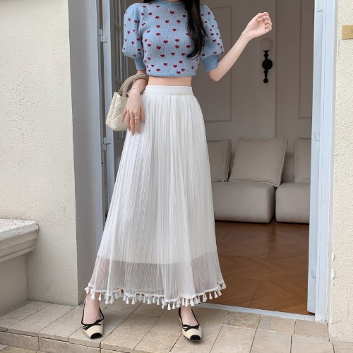 Women's Qipao Inner Slip Dress, Gentle Style with Tassel Mesh Half Skirt, Pleated A-Line Tulle, Draping Effect, Slimming Base Skirt