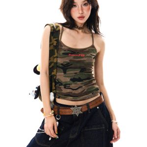 Women’s Retro Camouflage Studded Camisole - Sexy Slim-Fit Summer Top in American Style, Y2K Fashion