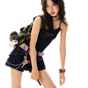 Women’s Retro Camouflage Studded Camisole - Sexy Slim-Fit Summer Top in American Style, Y2K Fashion