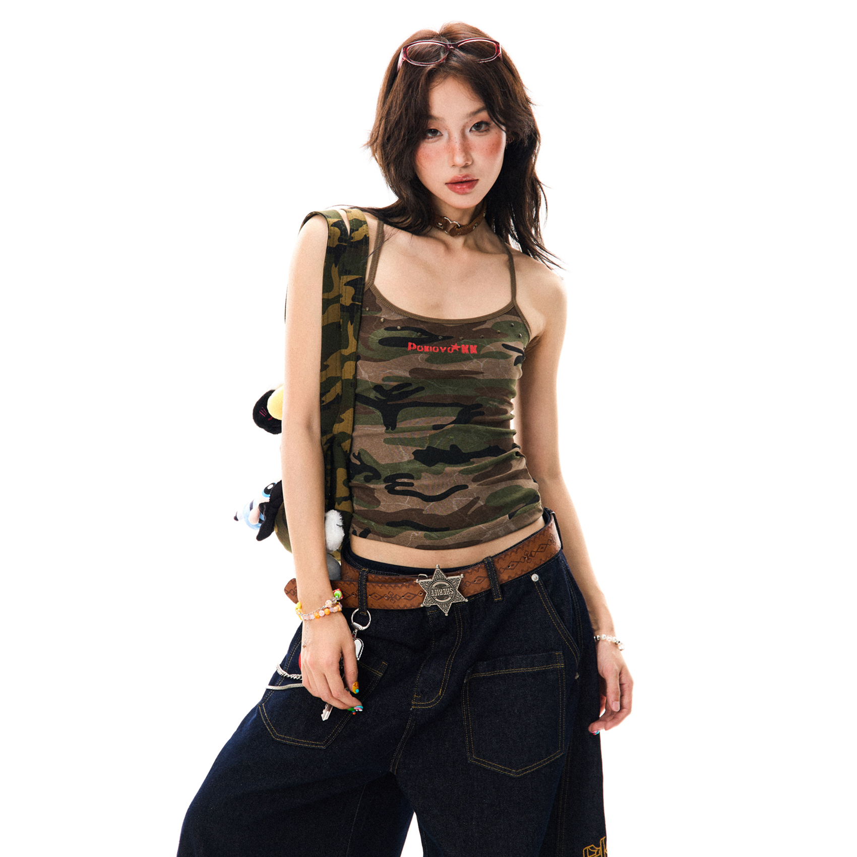 Women’s Retro Camouflage Studded Camisole - Sexy Slim-Fit Summer Top in American Style, Y2K Fashion