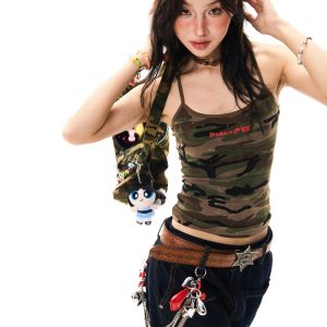 Women’s Retro Camouflage Studded Camisole - Sexy Slim-Fit Summer Top in American Style, Y2K Fashion