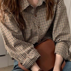 Women's Retro Checkered Polo Shirt - French Chic Top in Autumn/Summer 2025 Style, Niche Hong Kong Design