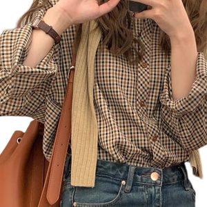 Women's Retro Checkered Polo Shirt - French Chic Top in Autumn/Summer 2025 Style, Niche Hong Kong Design