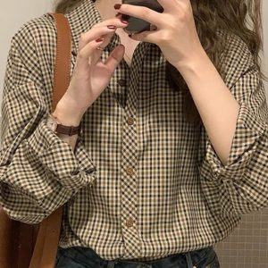 Women's Retro Checkered Polo Shirt - French Chic Top in Autumn/Summer 2025 Style, Niche Hong Kong Design