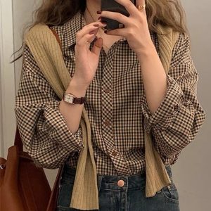 Women's Retro Checkered Polo Shirt - French Chic Top in Autumn/Summer 2025 Style, Niche Hong Kong Design