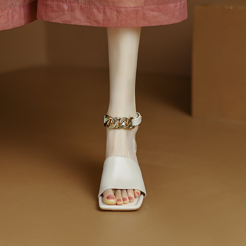 Women's Retro Chunky High Heel Sandals - Open-Toe Genuine Leather One-Strap Design with Metal Chain for Summer 2025