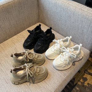 Women's Retro Dad Sneakers - Lace-Up Mesh Breathable Leather Thick-Soled Sports Leisure Shoes for Spring 2025