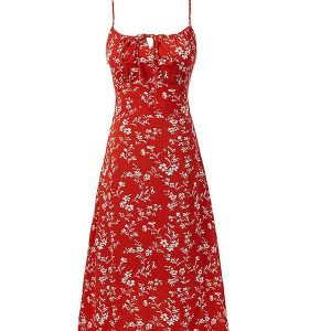Women's Retro Floral Spaghetti Strap Dress - Waist-Cinching Long Dress for Summer Beach Vacation 2025