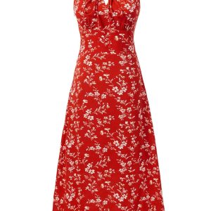 Women's Retro Floral Spaghetti Strap Dress - Waist-Cinching Long Dress for Summer Beach Vacation 2025